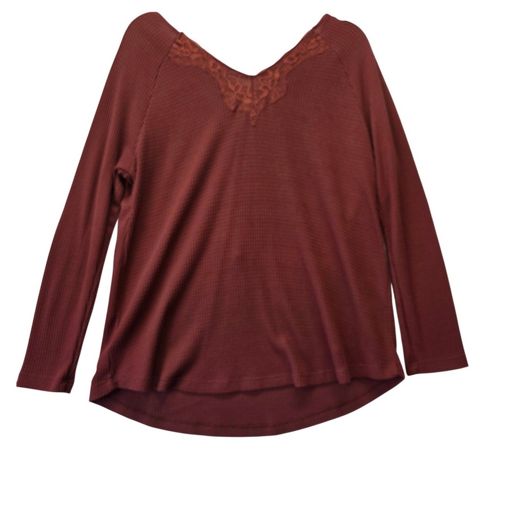 Torrid Burgundy Waffle Knit Lace Trim Long Sleeve Top Plus Size 1 - Picture 3 of 10
